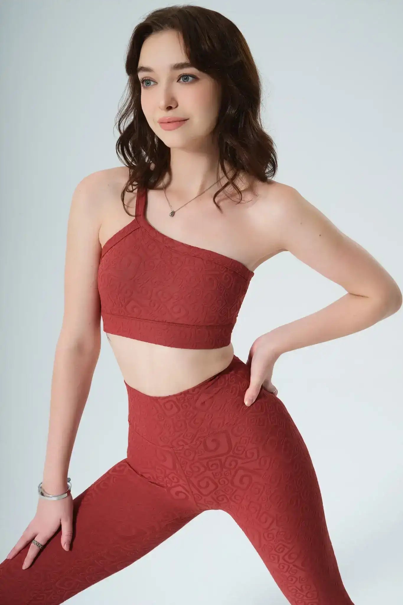 Olaben Serein 3D Single Strap Shoulder Bra in Merlot — 3D embossed bra, model styled view