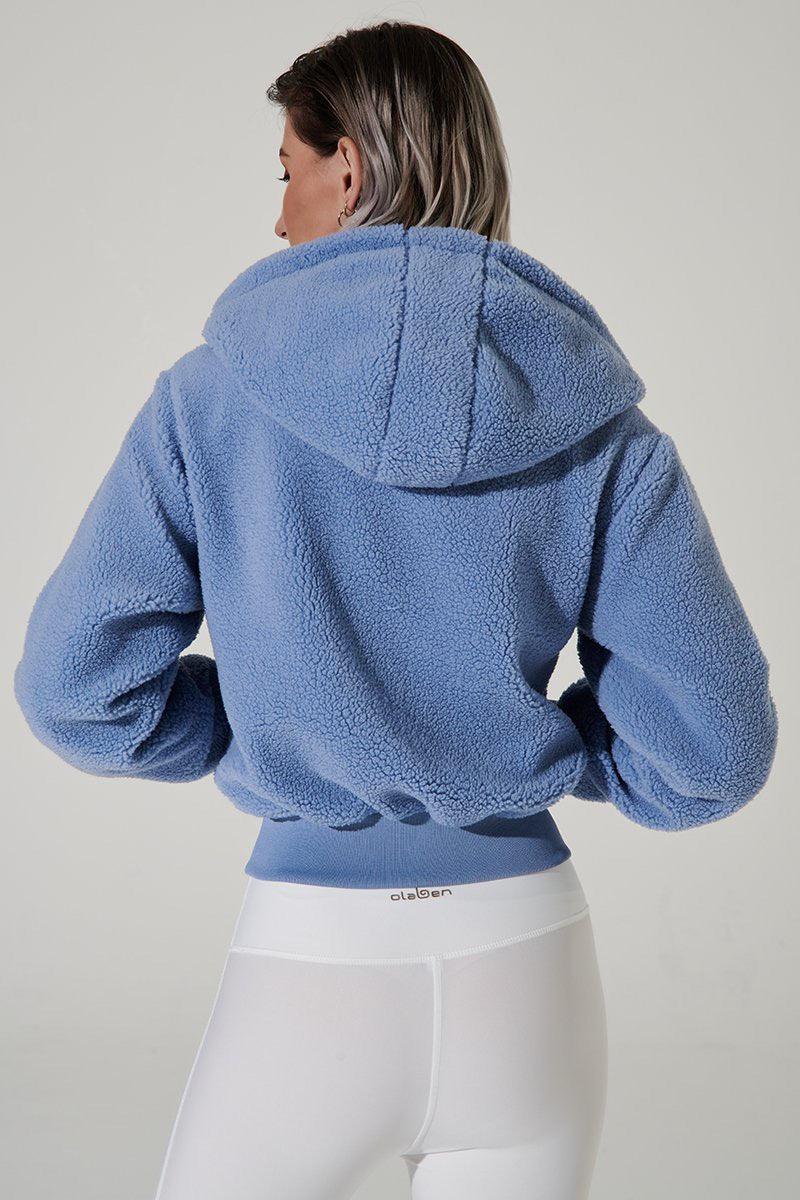 Stylish women's lichen blue Teddy Sherpa jacket with a touch of blue, OW-0075-WJK-BL.
