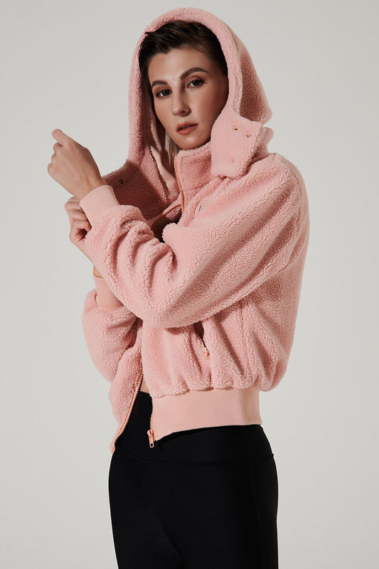 Stylish women's rose quartz pink Teddy Sherpa jacket, perfect for chilly days. OW-0075-WJK-PK.