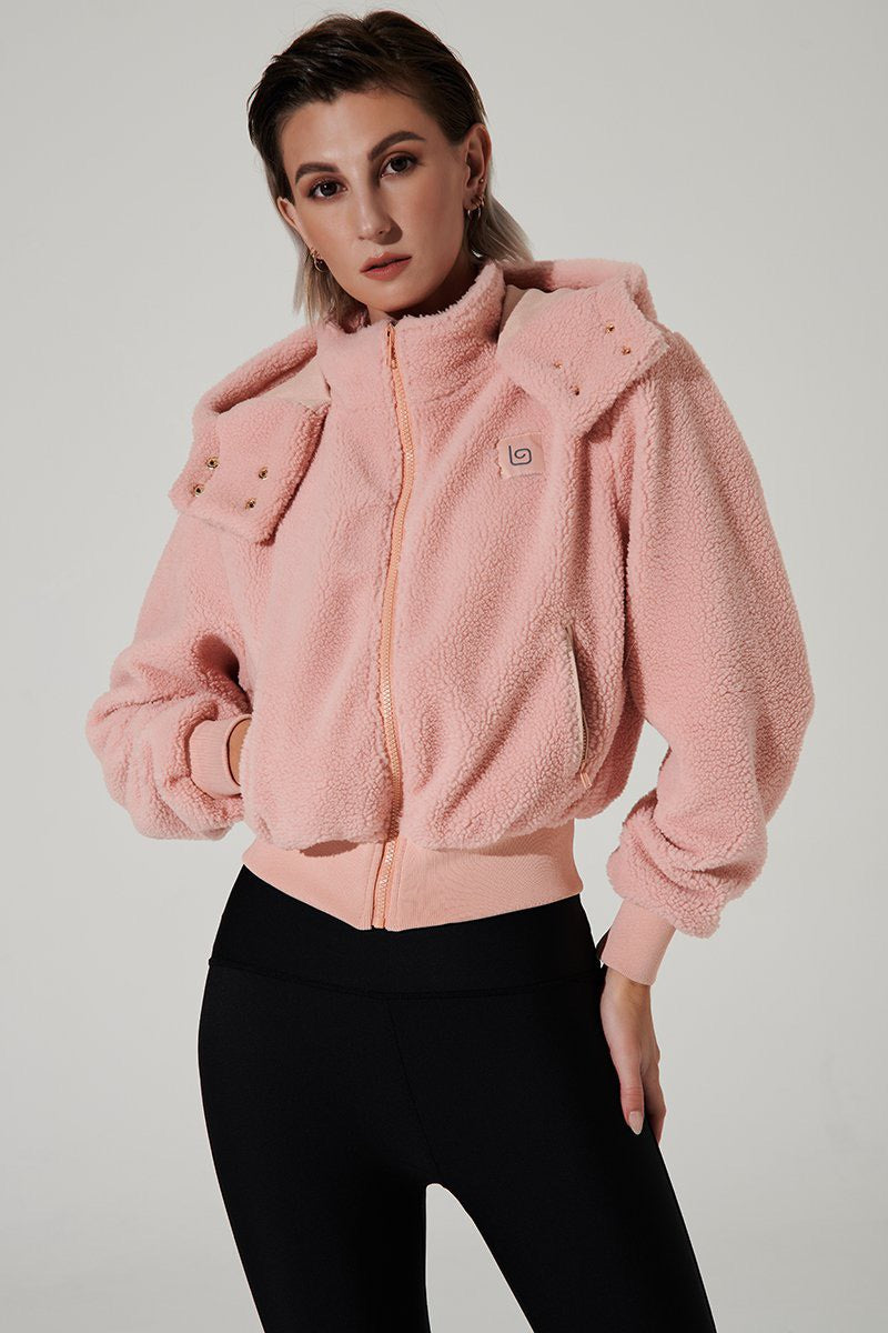 Stylish rose quartz pink women's jacket with a cozy teddy sherpa texture - OW-0075-WJK-PK.
