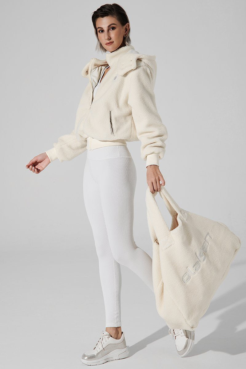 White women's Teddy Sherpa jacket with rice white color, style OW-0075-WJK-WT, size 4.
