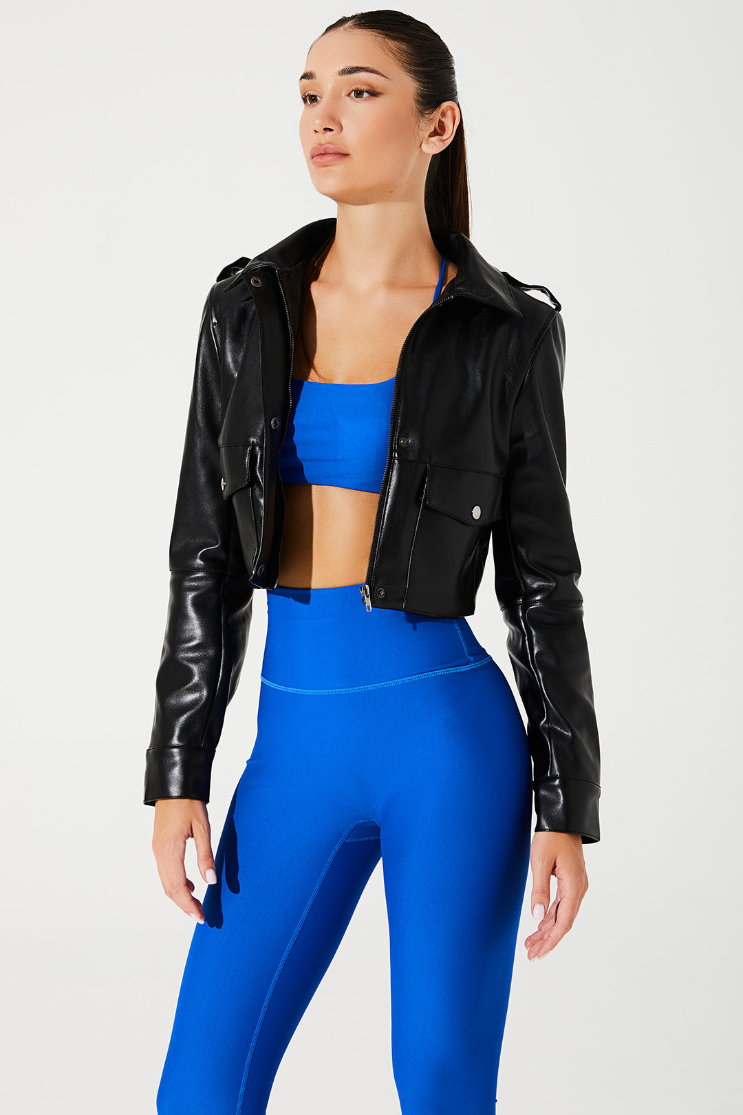 Stylish black women's urban rebel jacket, perfect for a bold and edgy fashion statement.