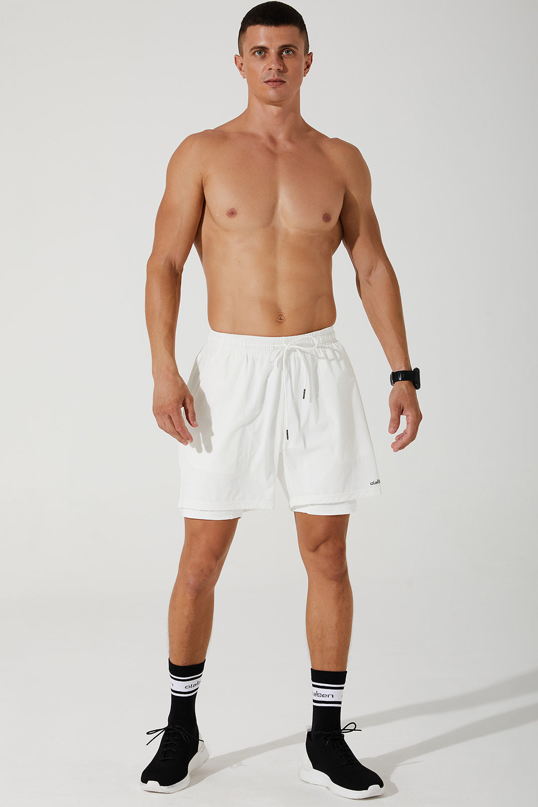White men's shorts with repetition pattern, Vardan 9, OW-0014-MSH-WT, image 1.