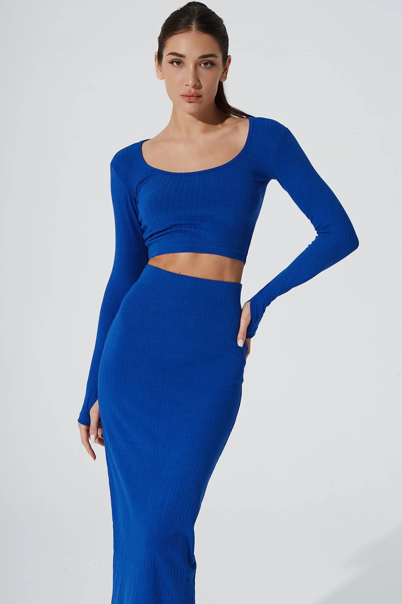 Zeya Knitted Long Sleeve Crop Top - Egyptian Blue - Olaben - Womens Long Sleeve