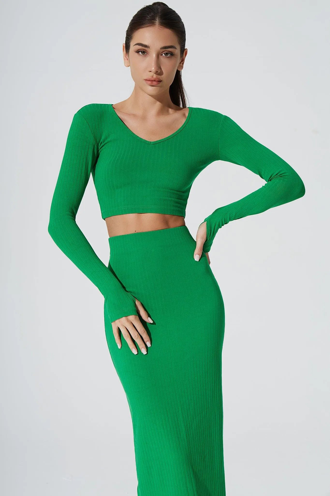 Zeya Knitted Long Sleeve Crop Top - Fern Green - Olaben - Womens Long Sleeve