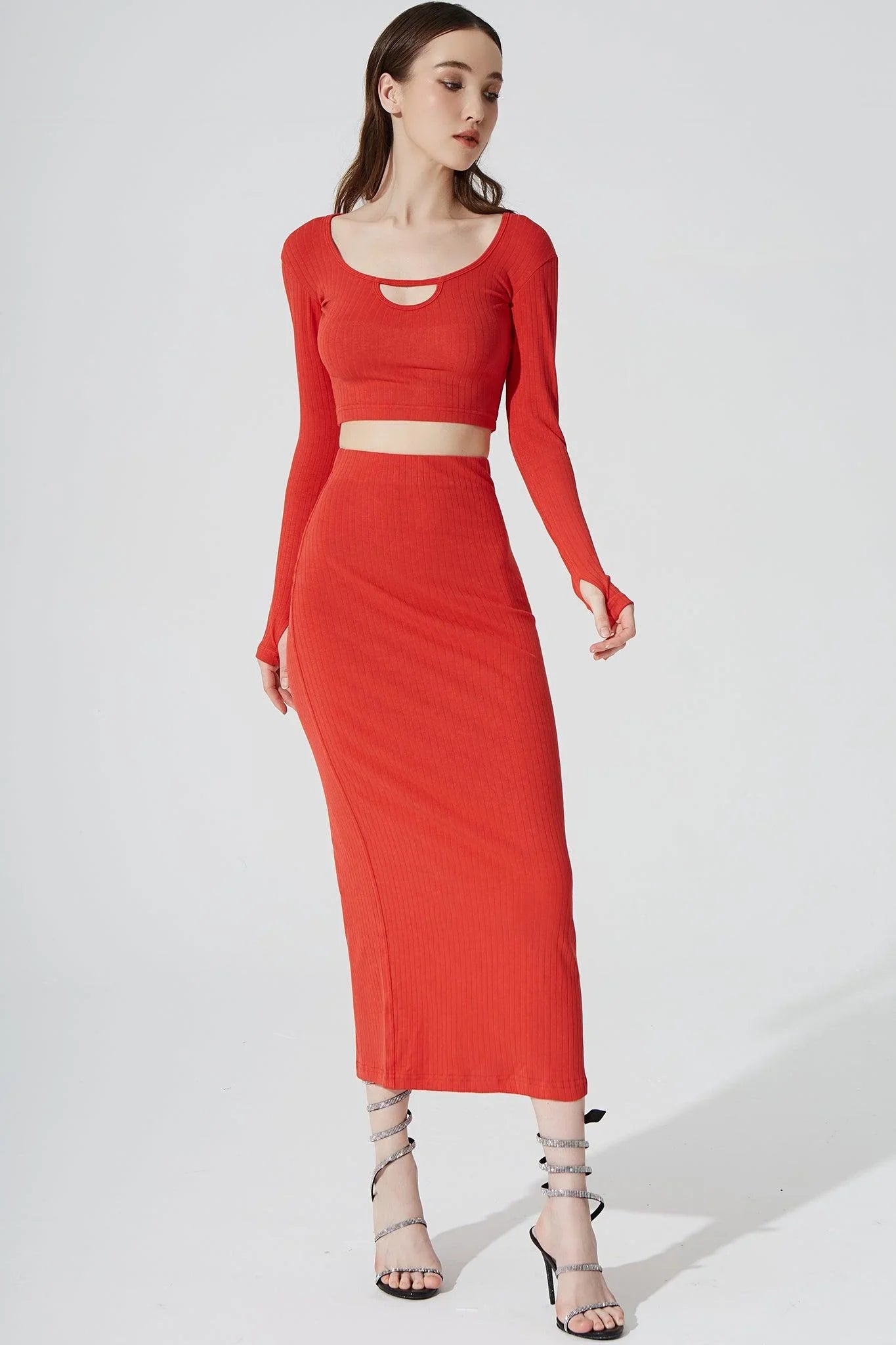 Zeya Knitted Long Sleeve Crop Top - Scarlet - Olaben - Womens Long Sleeve
