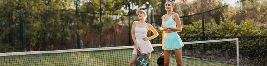 Two women in activewear holding pickleball paddles on an outdoor pickleball court