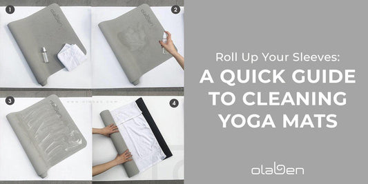 Step-by-step guide showing how to clean a yoga mat with spray and towel on white background.