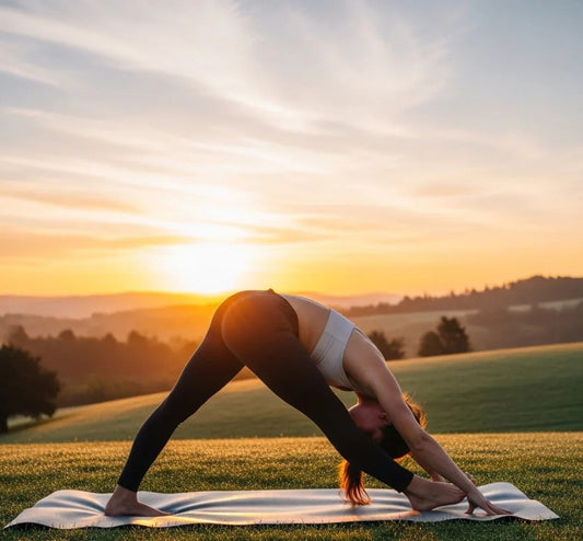 Woman practicing yoga outdoors at sunrise in sports bra and leggings on grass with mat