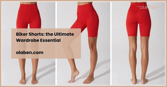 Red seamless biker shorts modeled in front, side, and back views on a minimalist background.