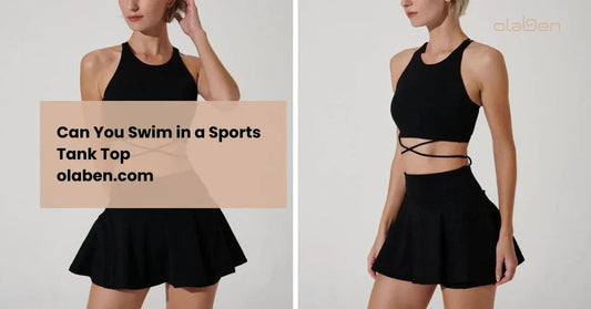 Woman wearing black sports tank top and skirt, fitness activewear outfit, minimalist background