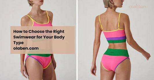 Woman modeling colorful two-piece swimwear in front and back view on neutral background