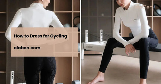 Woman in a white long-sleeve top and black leggings seated in a modern fitness studio, ideal cycling outfit inspiration.