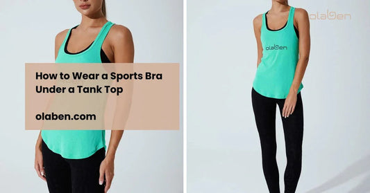 Woman wearing a black sports bra under a mint green tank top and black leggings.
