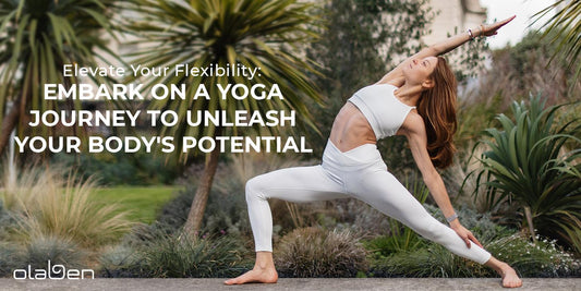 Woman practicing yoga outdoors in white activewear, stretching in a garden setting
