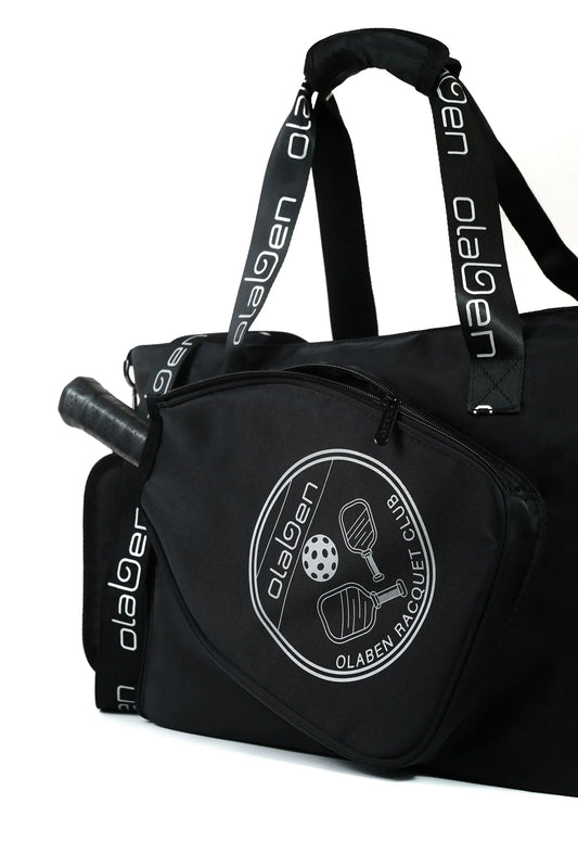 Black racquet sports duffle bag with logo, pickleball paddle pocket, and branded straps