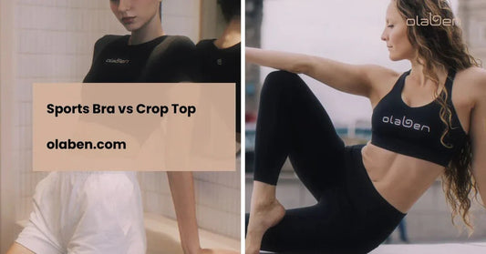 Women modeling black sports bra and black crop top, fitness clothing comparison