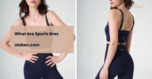 Woman modeling navy blue sports bra and high-waisted leggings front and back view