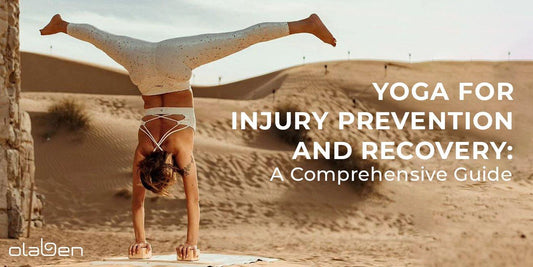 Woman practicing yoga handstand in desert wearing white activewear, injury prevention yoga guide