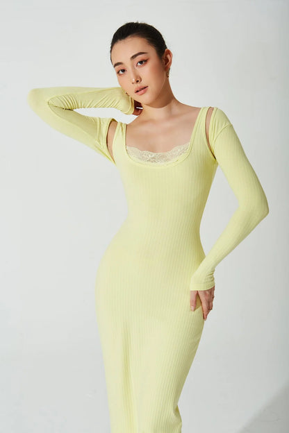 Mina Ribbed Dress & Classic Bolero Crop - Lemon