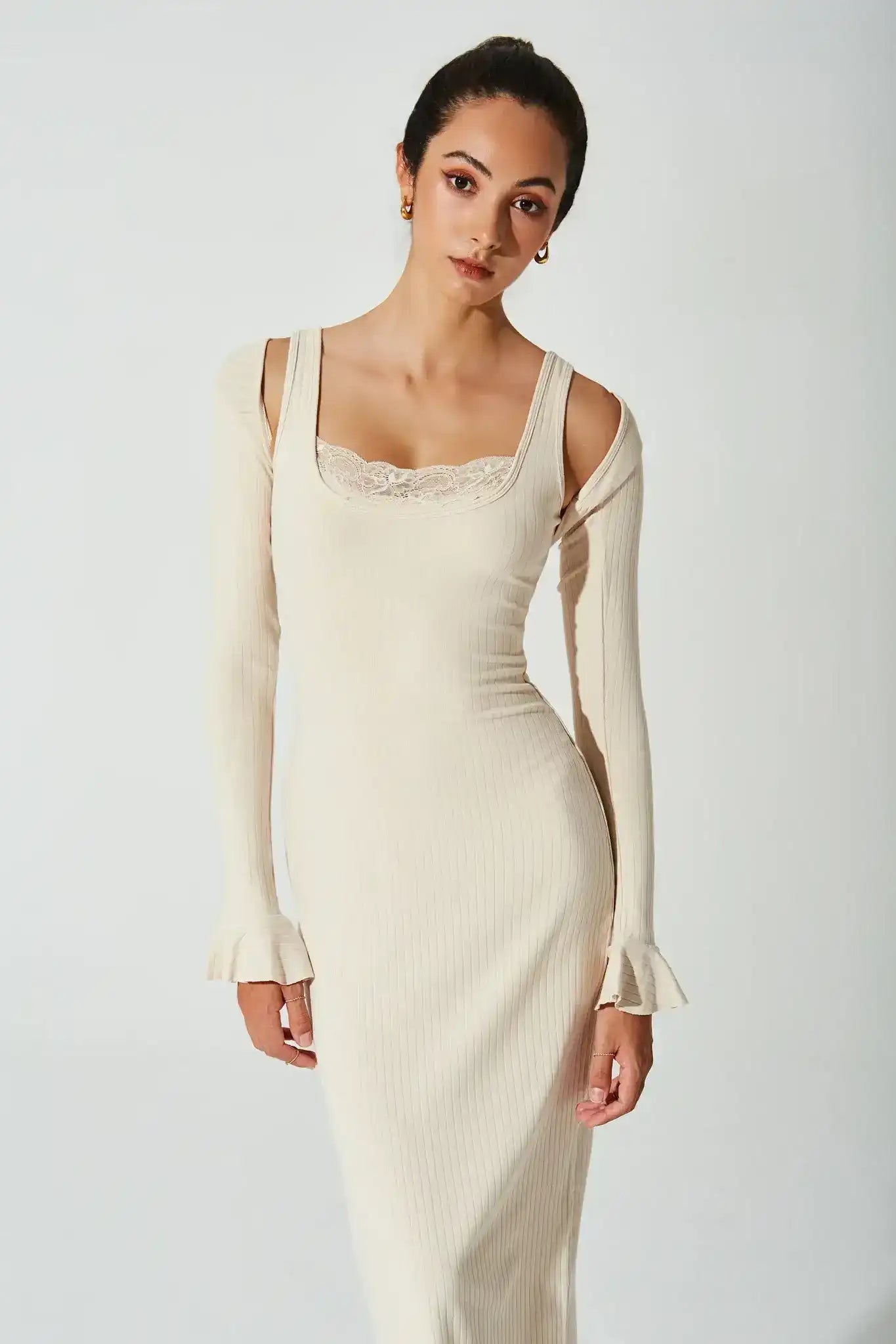 cream ribbed dress long sleeve Maribeth Long Sleeve Ribbed Knit Mini Dress Cream