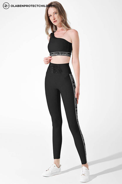 Black high-waist double knot leggings for women, style OW-0080-WLG-BK, in image 5.