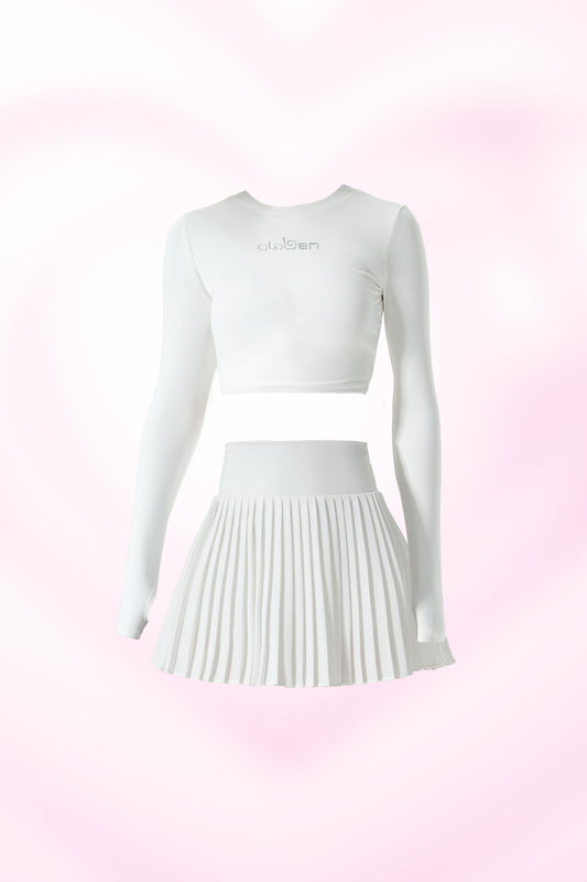 All Day Long Sleeve Crop & Elite Pleated Skirt - White