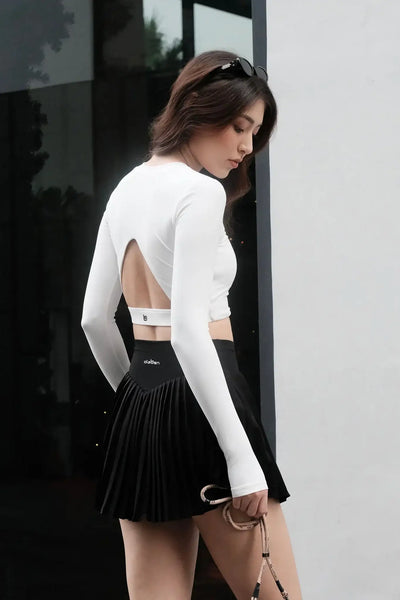 White All Day Long Sleeve Crop & Black Elite Pleated Skirt - White