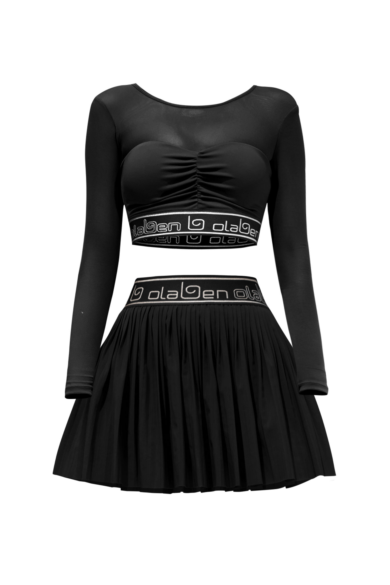 Ruched Mesh Long Sleeve Top & Olaben Pleated Skirt - Black