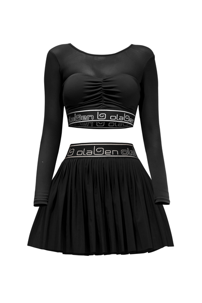 Ruched Mesh Long Sleeve Top & Olaben Pleated Skirt - Black
