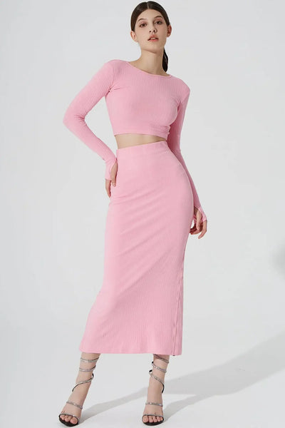 Calista Knitted Slit Skirt - Baby Pink