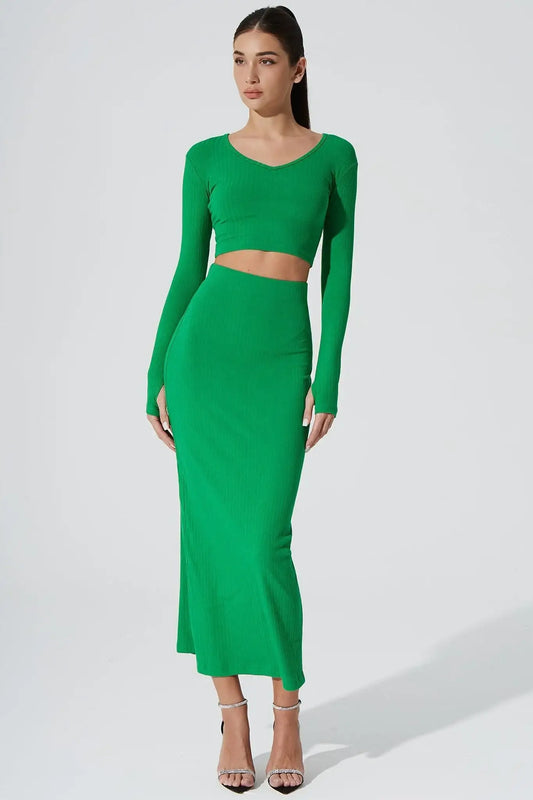 Calista Knitted Slit Skirt - Fern Green - Olaben