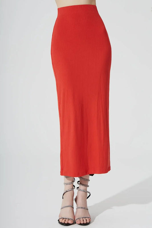 Calista Knitted Slit Skirt - Scarlet - Olaben