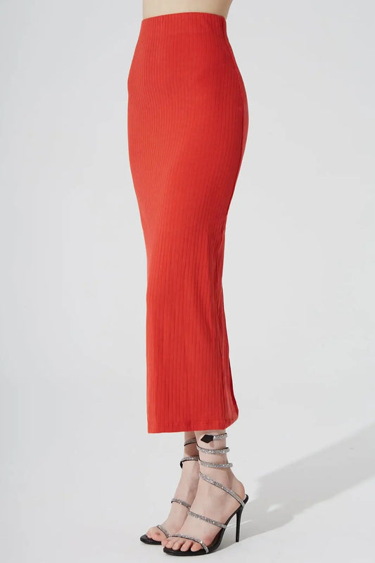 Calista Knitted Slit Skirt - Scarlet - Olaben