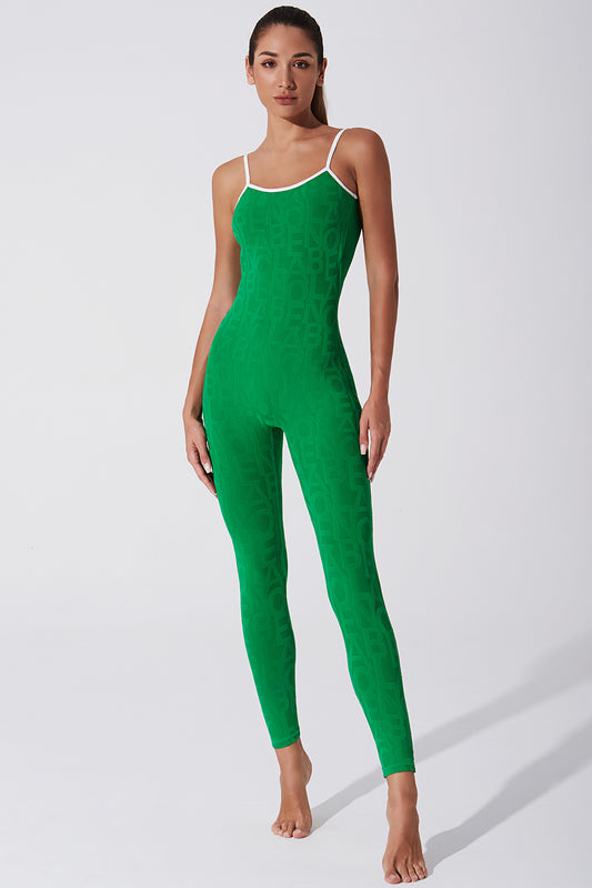 A stylish women's jumpsuit in dark green color.