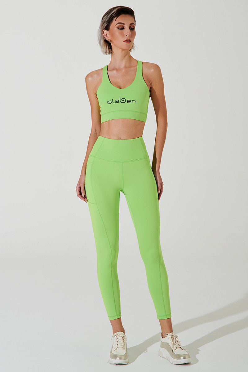 Vibrant green women's bra with Julian Olaben branding, perfect for a stylish and comfortable fit.