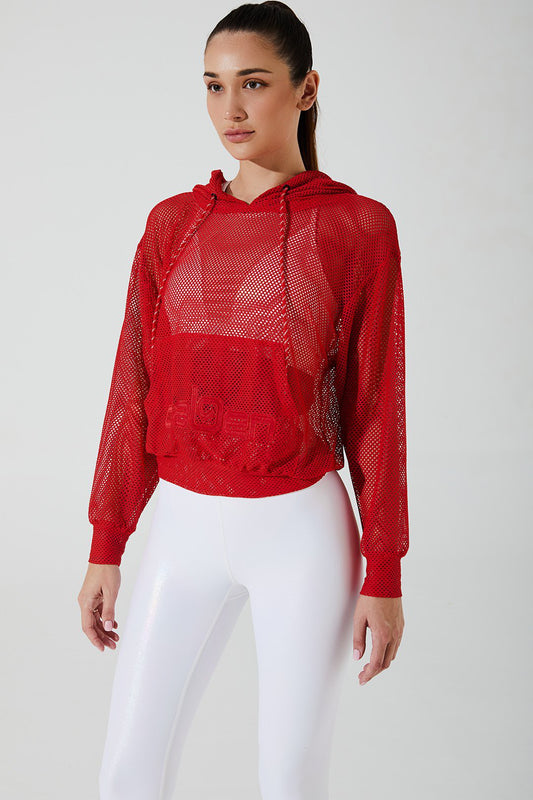 Stylish women's goji berry red hoodie with mesh design, perfect for casual and trendy outfits.
