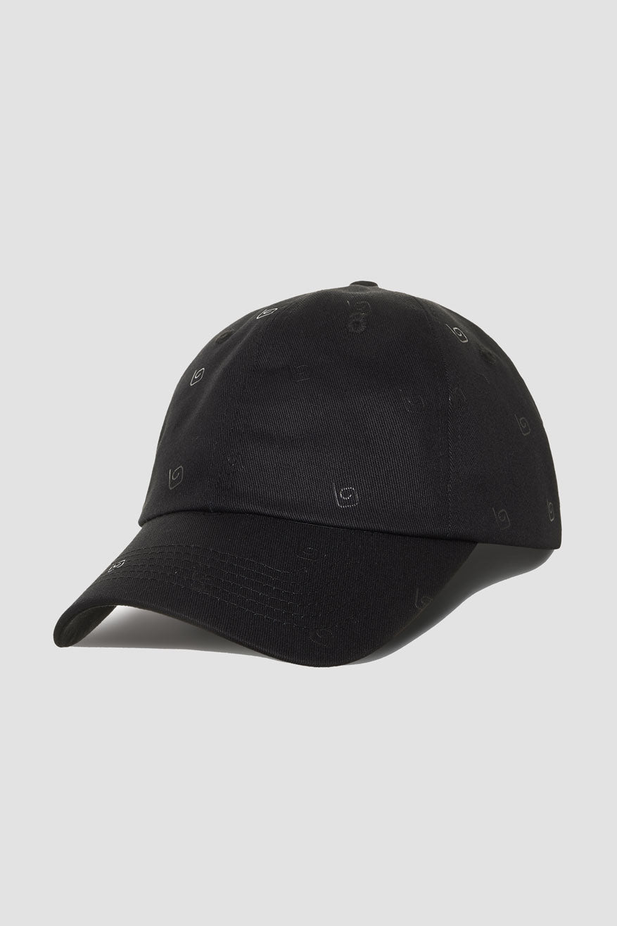 Stylish black monogram cap with 'OLABEN' logo, perfect headwear accessory for a fashionable look.