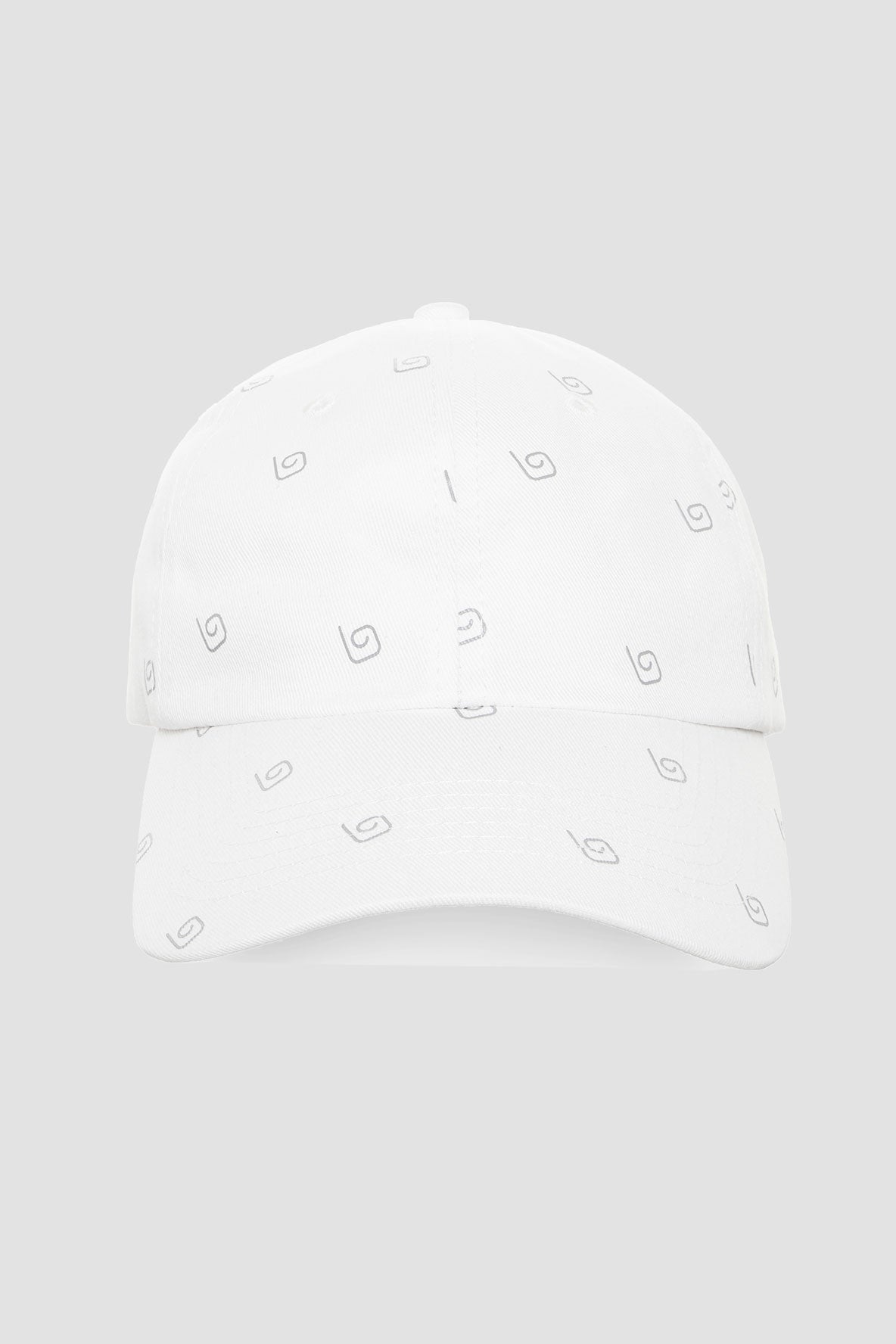 Stylish white monogram cap with 'OLABEN' logo, perfect headwear accessory for a trendy look.
