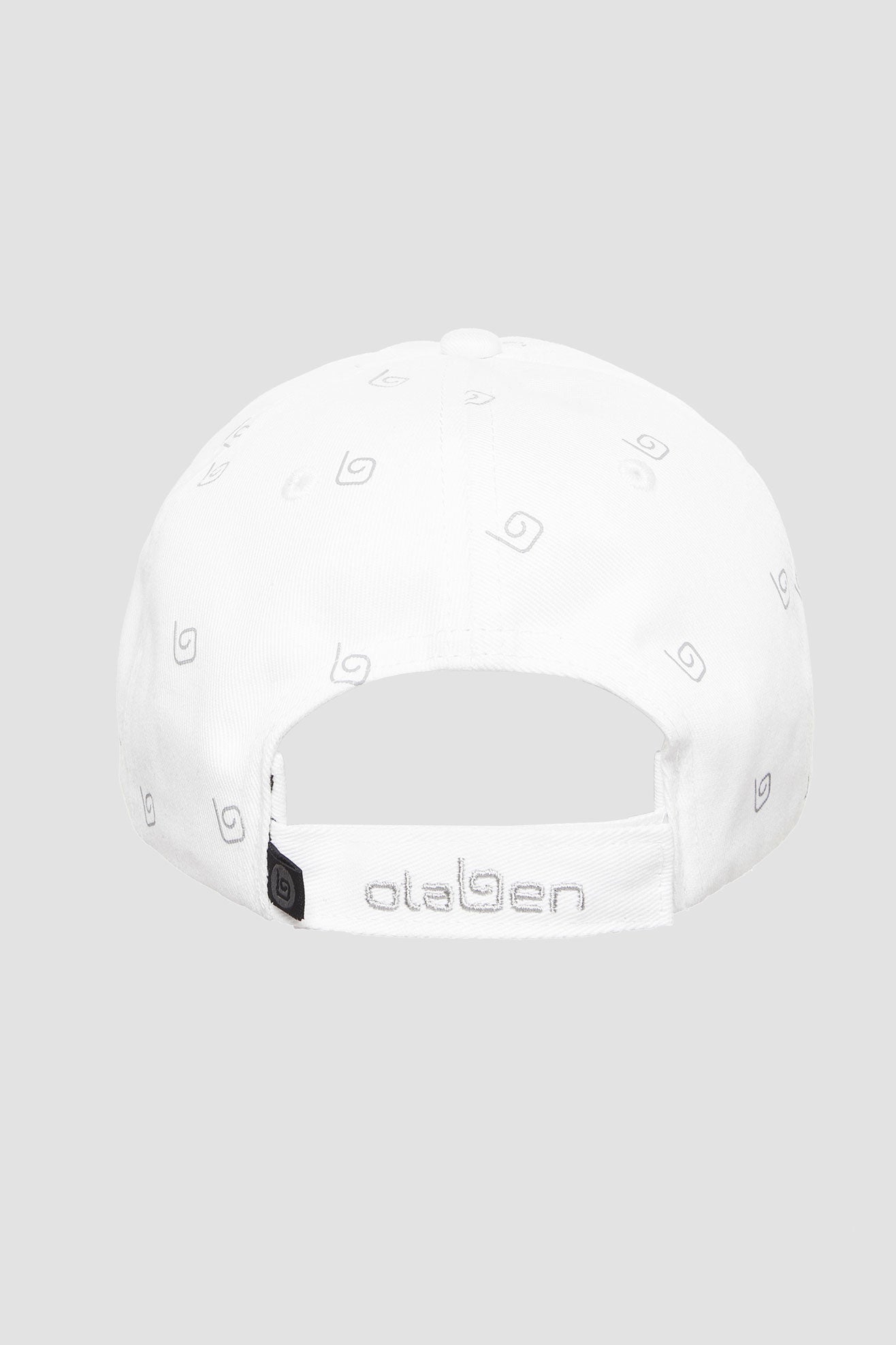 White monogram cap with Olaben logo, perfect headwear accessory for a stylish look.