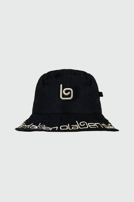 Black bucket hat headwear with a sleek design - perfect for a stylish look.