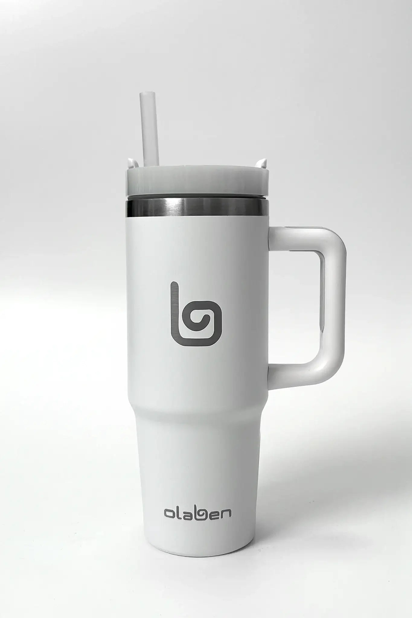 White insulated travel mug with handle and straw, featuring Olaben logo for fitness hydration