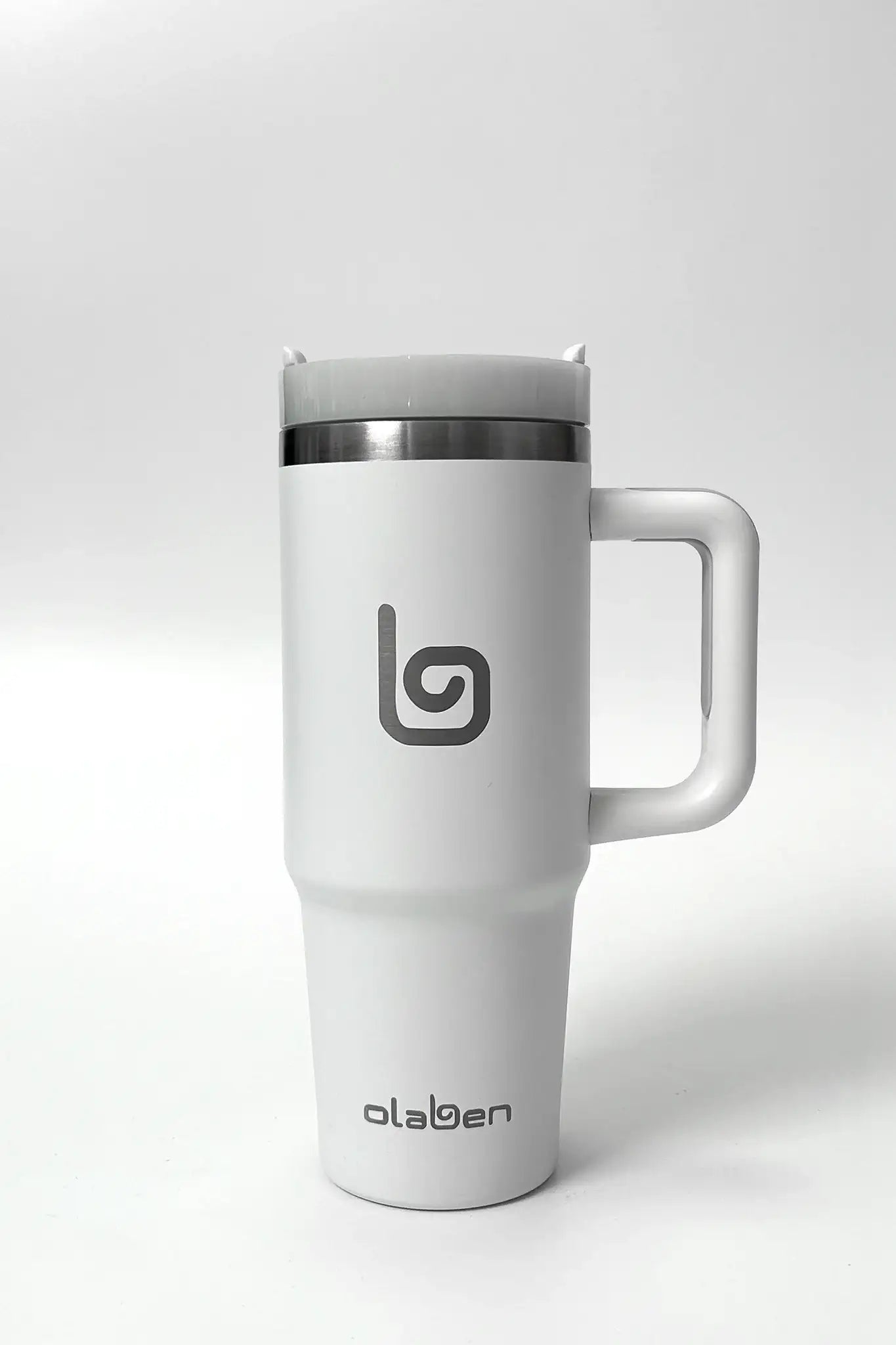 White Olaben travel mug with handle, stainless steel lid, and logo for on-the-go hydration