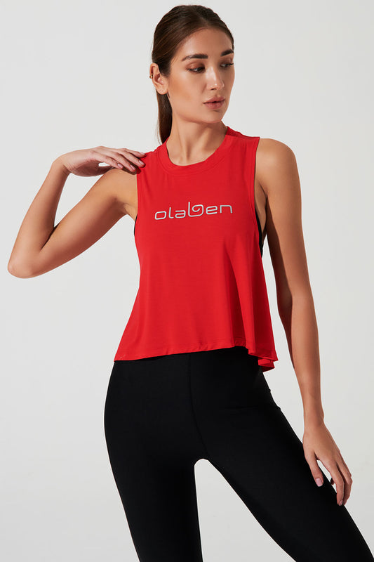 Stylish women's tank top in venetian red color with a twisted-back design - OW-0124-WTT-RD.