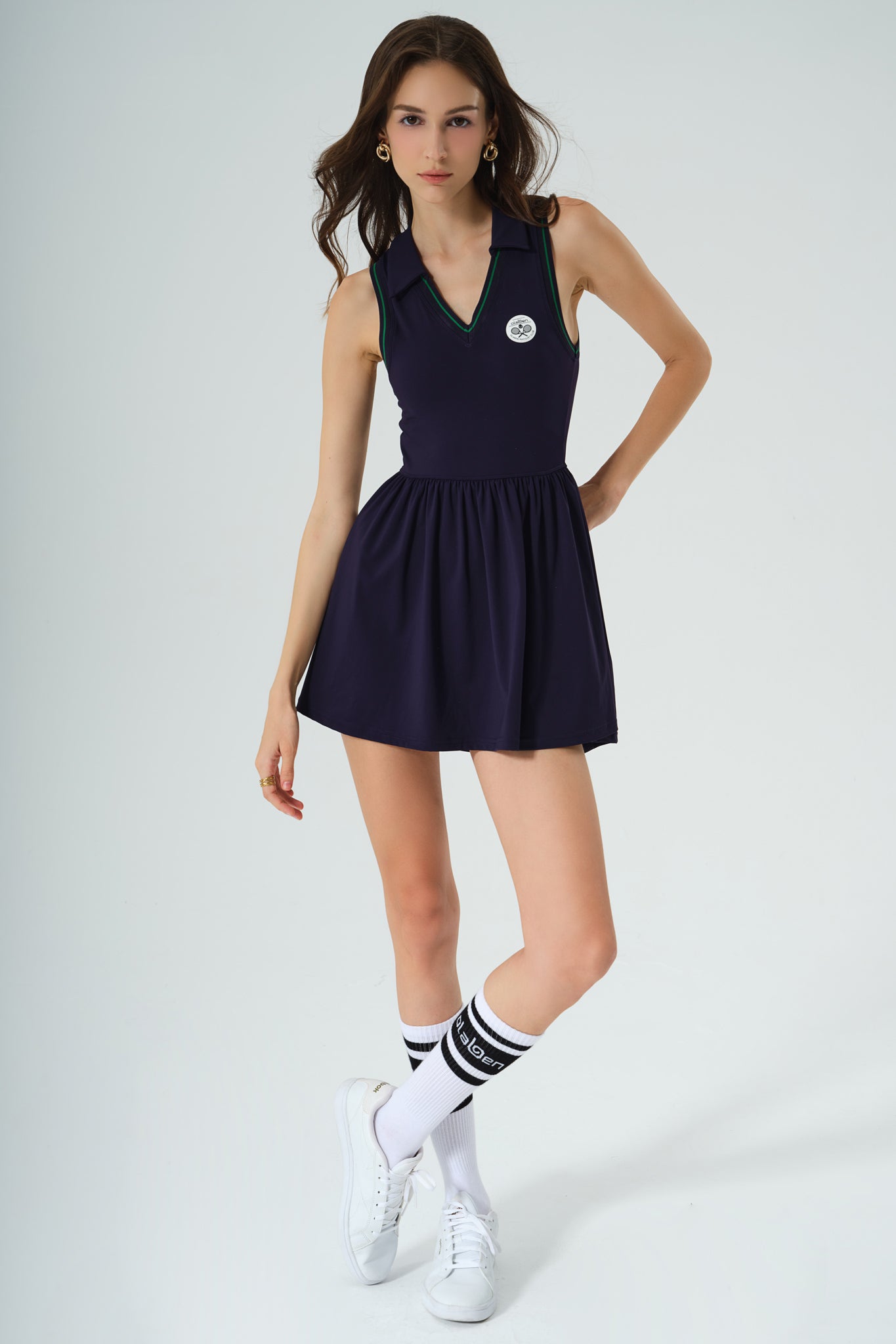 V Neck Polo Tennis Dress - Navy Blue