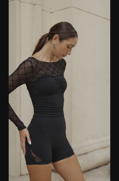 Ruched Monogram Long Sleeve Top - Black