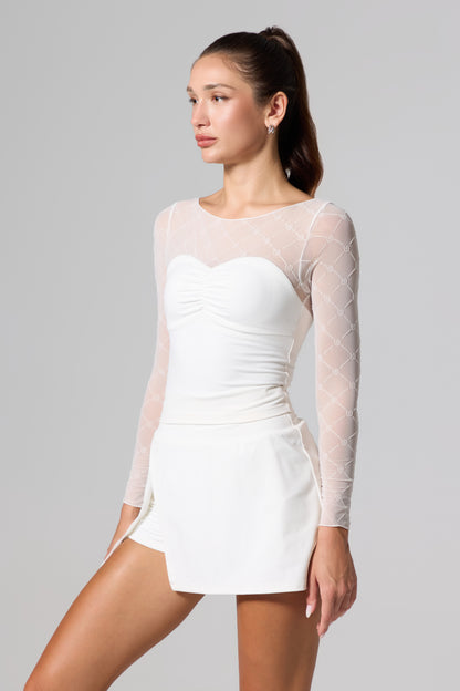 Ruched Monogram Long Sleeve Top - White