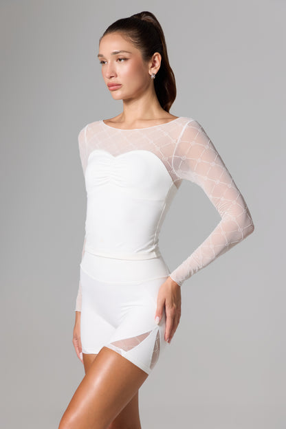 Ruched Monogram Long Sleeve Top - White