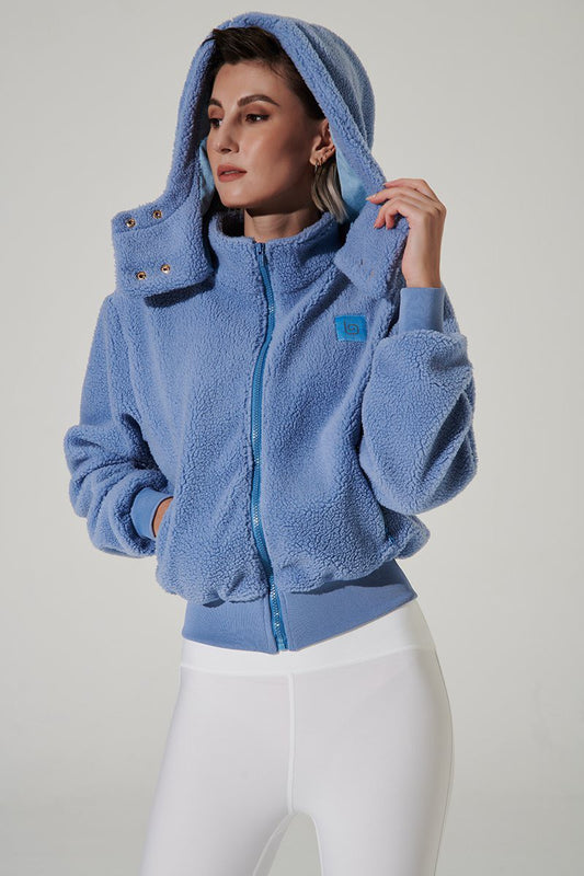 Stylish women's lichen blue Teddy Sherpa jacket with a touch of blue, OW-0075-WJK-BL.