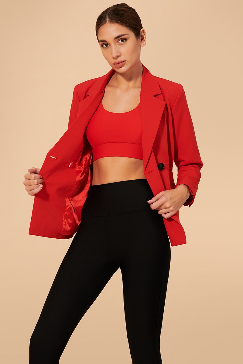 Stylish women's Persian red blazer jacket with a touch of elegance and sophistication.